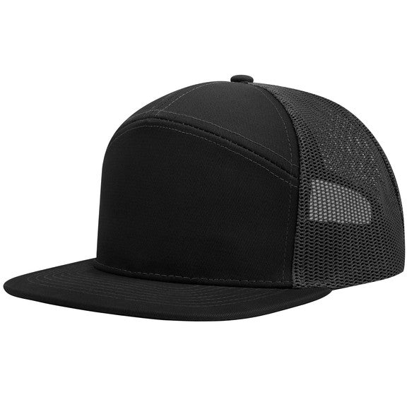 Embroidered 7 Panel Trucker Flat Bill Snapback Hat